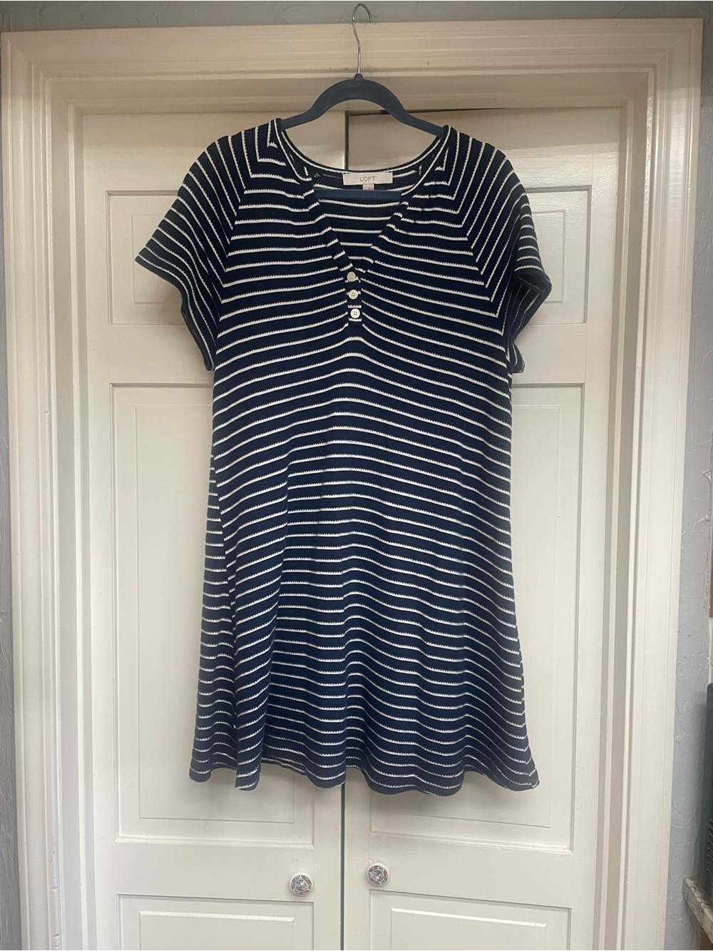 Loft Large Navy & White Short Sleeve Knit Dress